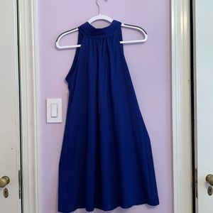 Blue high neck dress white open back, size L.